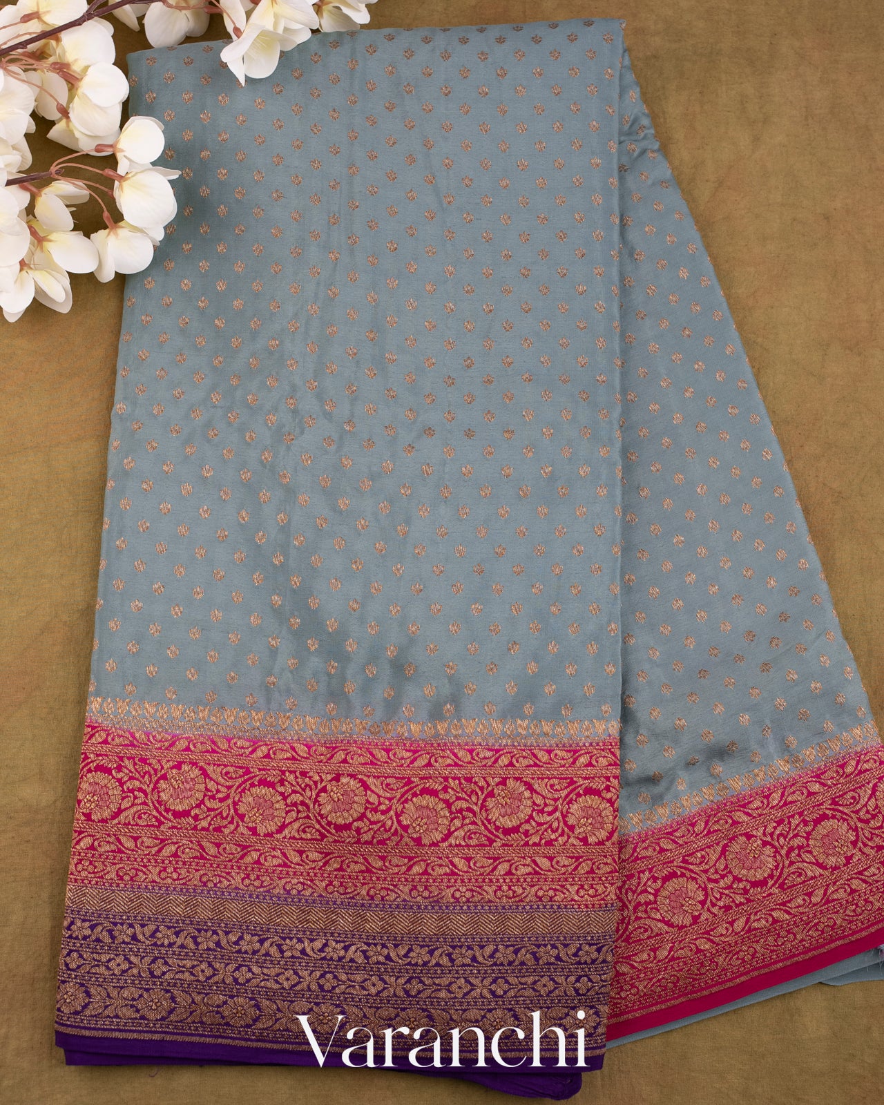 Powder Blue Pure Crepe Silk Handloom Saree