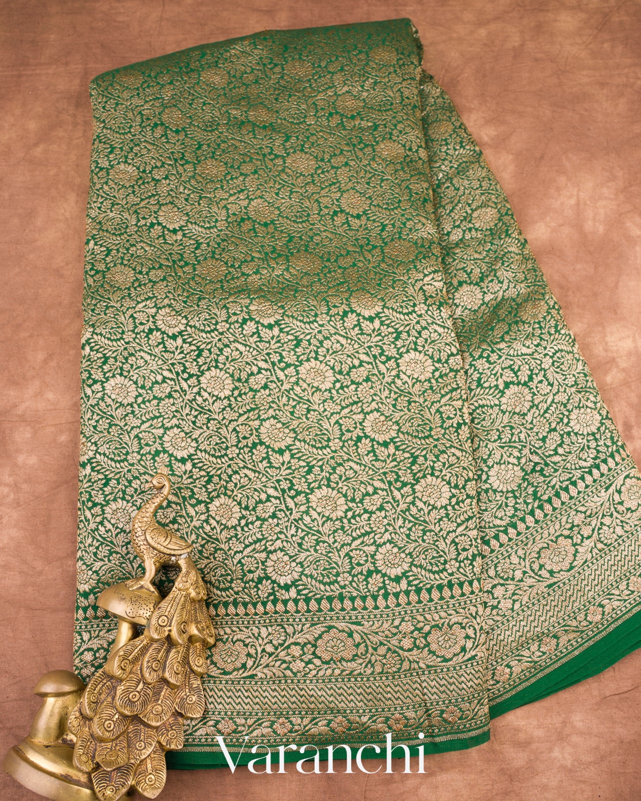 Dark Green Heavy Brocade Pure Crepe Silk Handloom Saree