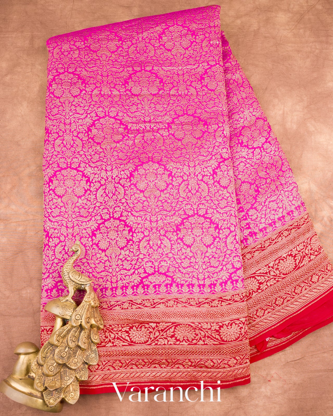 Magenta Pink Heavy Brocade Pure Crepe Silk Handloom Saree