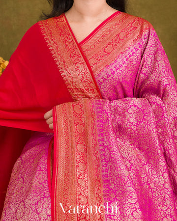 Magenta Pink Heavy Brocade Pure Crepe Silk Handloom Saree
