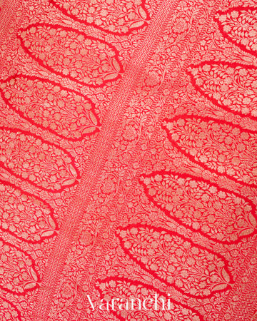 Bright Red Heavy Brocade Pure Crepe Silk Handloom Saree