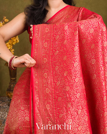 Bright Red Heavy Brocade Pure Crepe Silk Handloom Saree