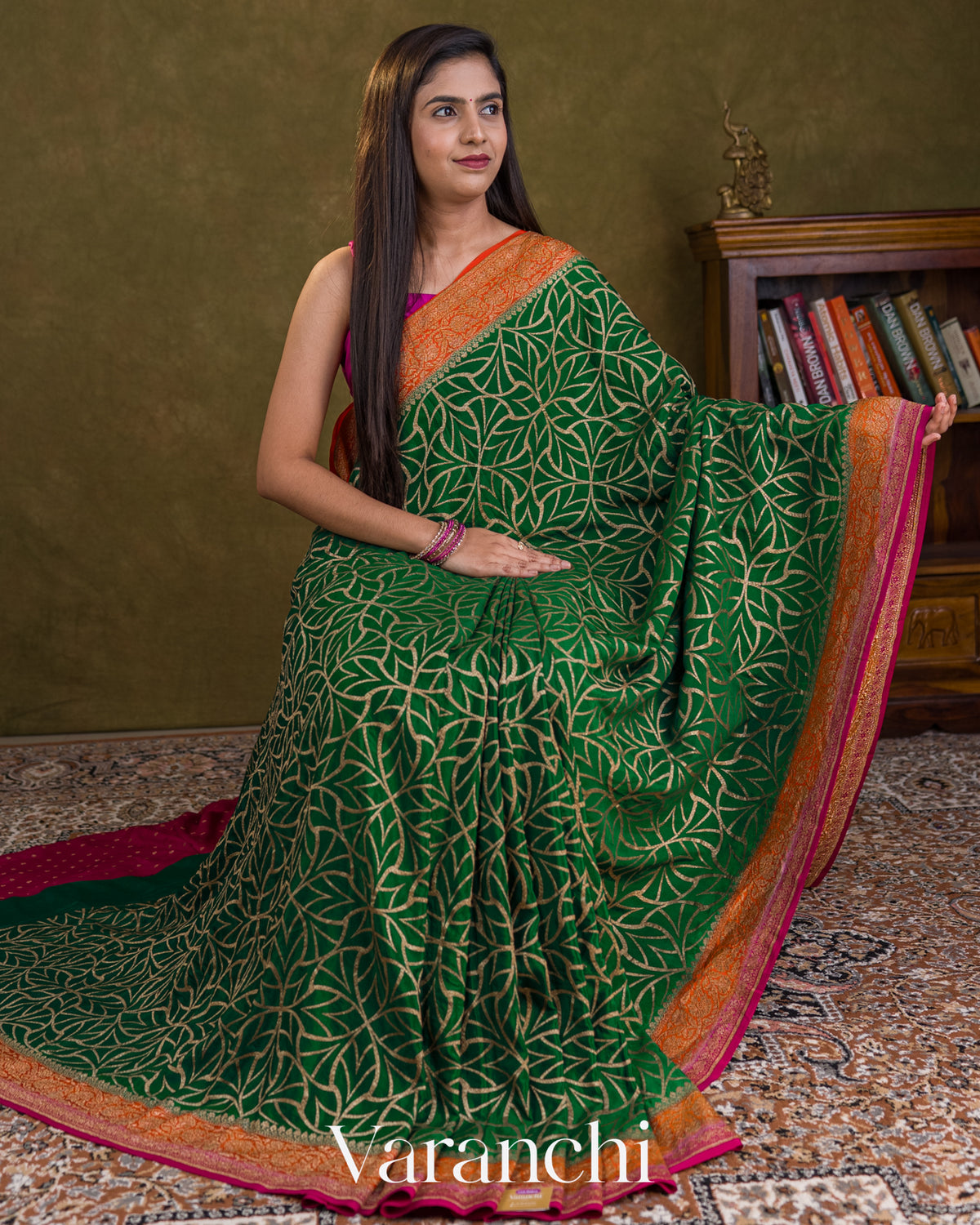 Bottle Green Pure Crepe Silk Handloom Saree — Draped