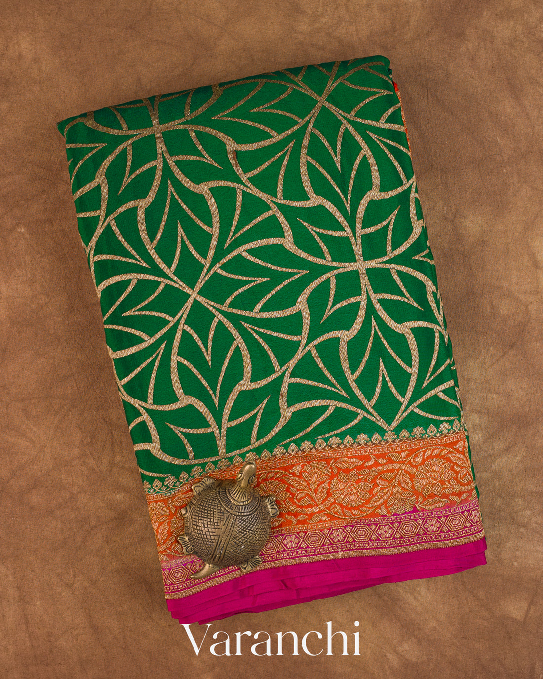 Bottle Green Pure Crepe Silk Handloom Saree — Folded