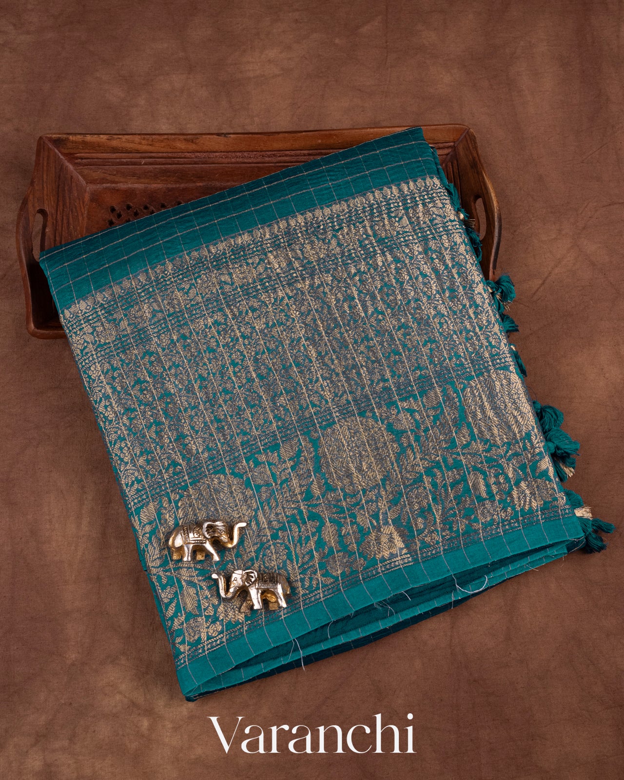 Prussian Blue Pure Crush Kora Silk Saree