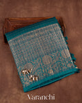 Prussian Blue Pure Crush Kora Silk Saree