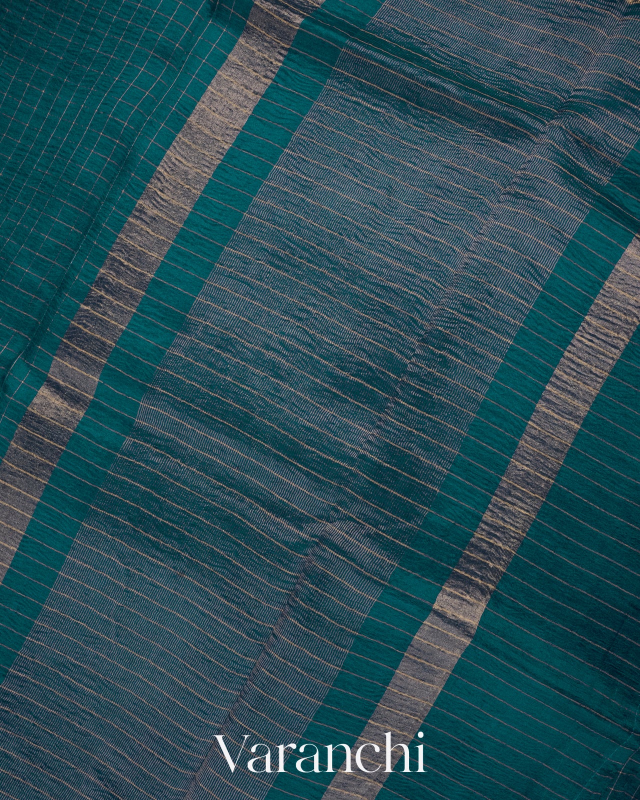 Prussian Blue Pure Crush Kora Silk Saree