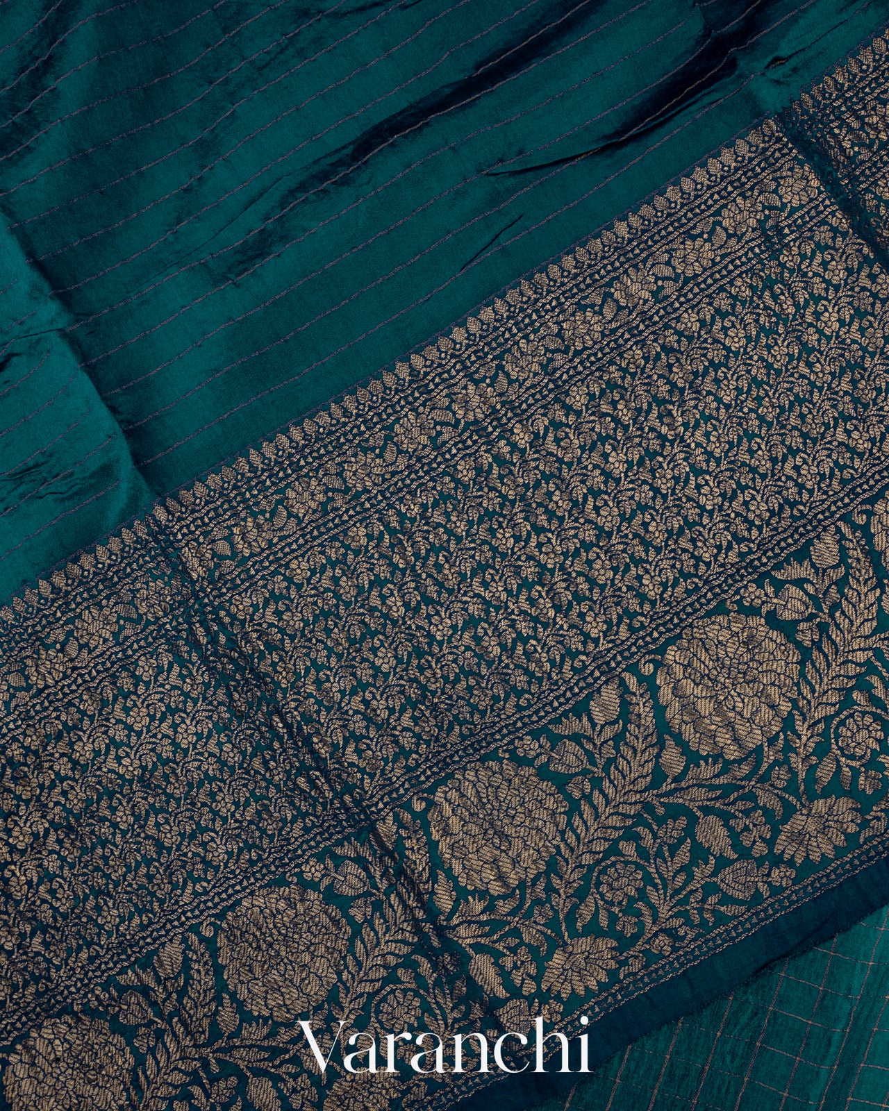 Prussian Blue Pure Crush Kora Silk Saree
