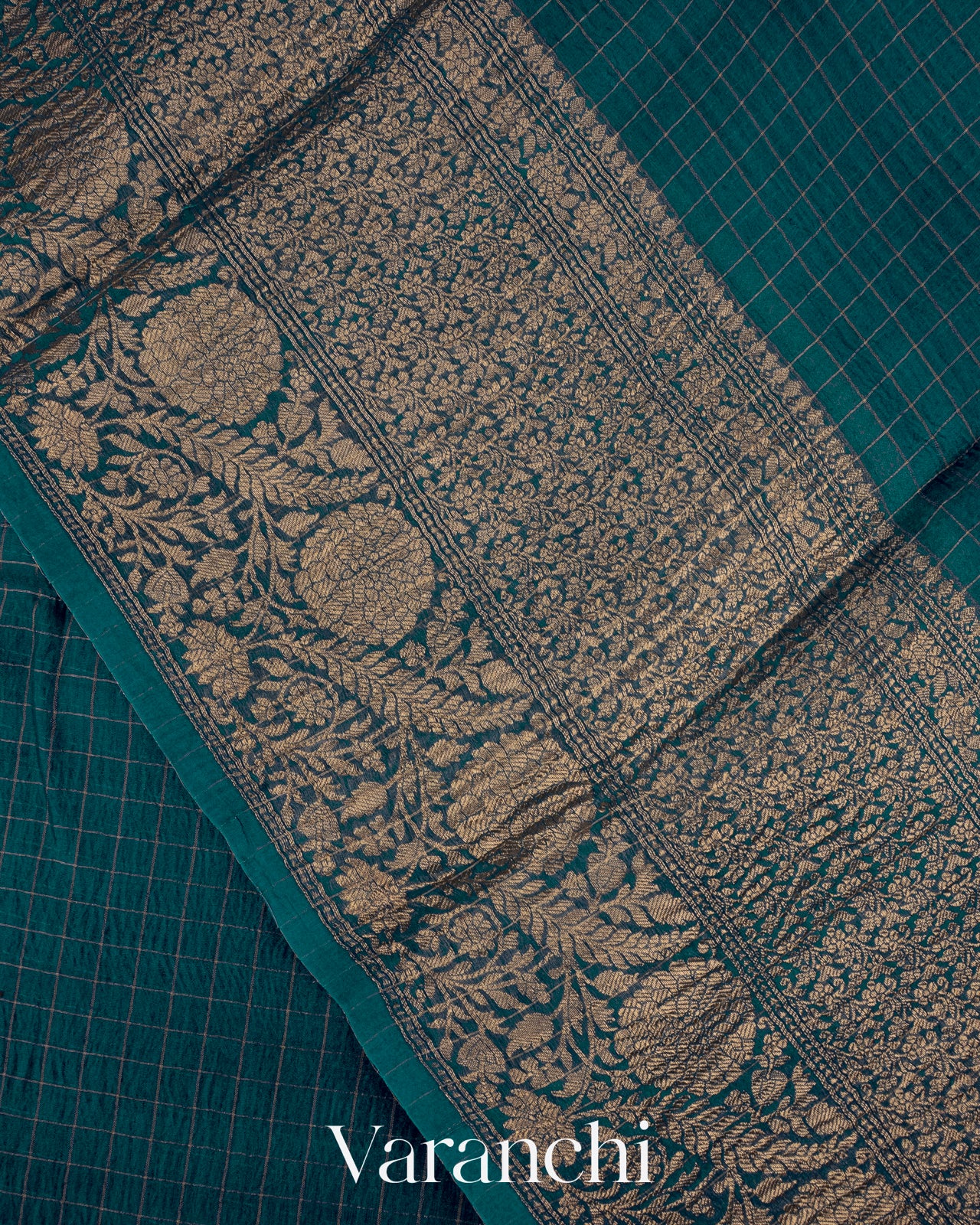 Prussian Blue Pure Crush Kora Silk Saree