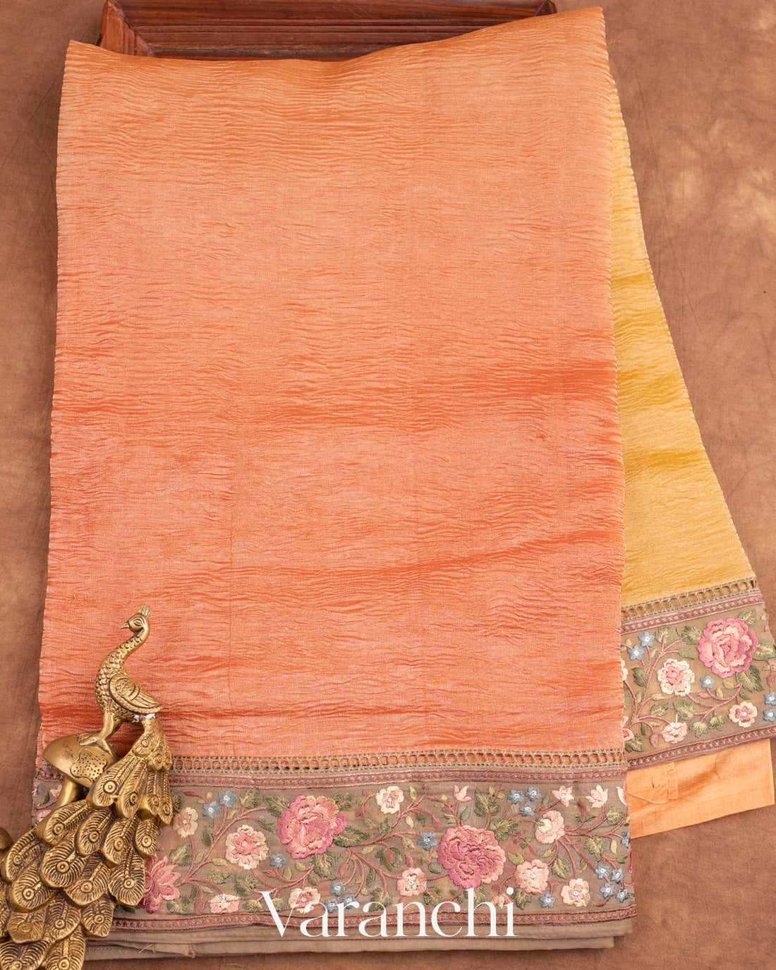 Deep Peach and Yellow Ombre-Dyed Pure Crush Kora Silk Saree