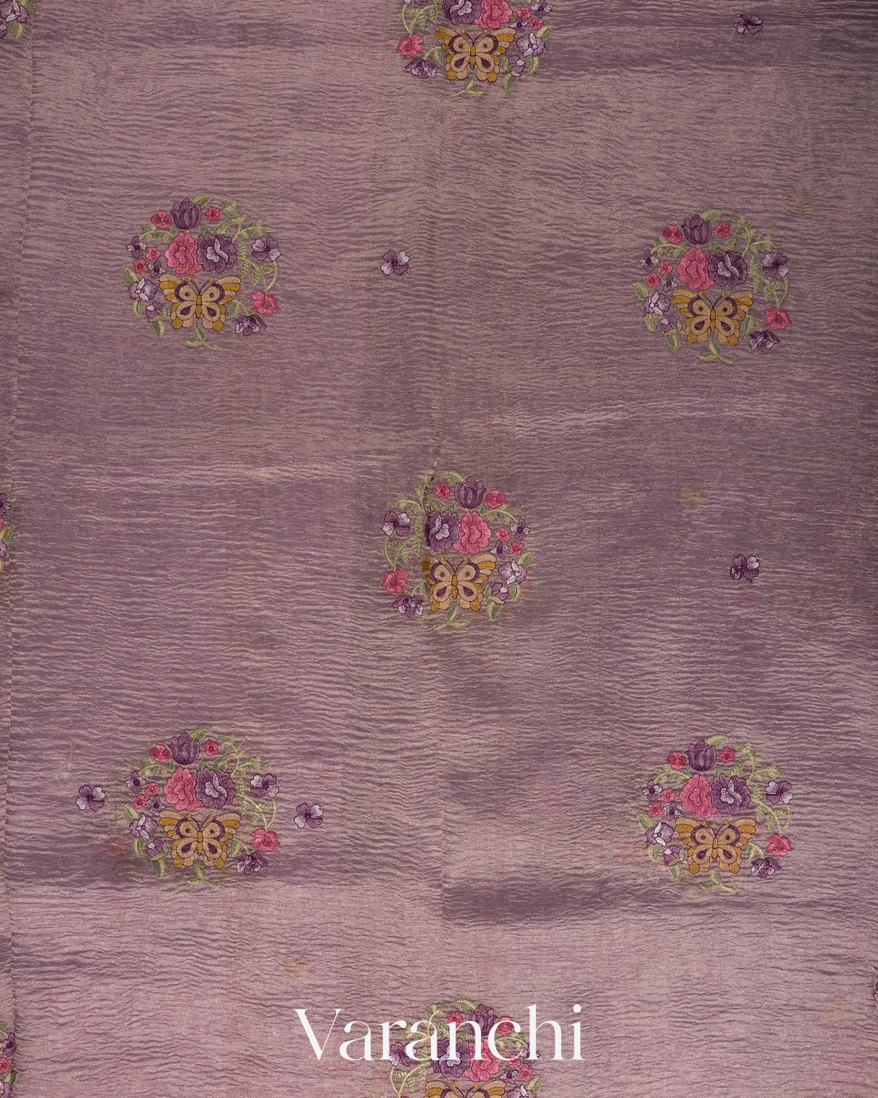 Lavender Floral Embroidered Pure Crush Tissue Kora Silk Saree