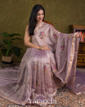 Lavender Floral Embroidered Pure Crush Tissue Kora Silk Saree