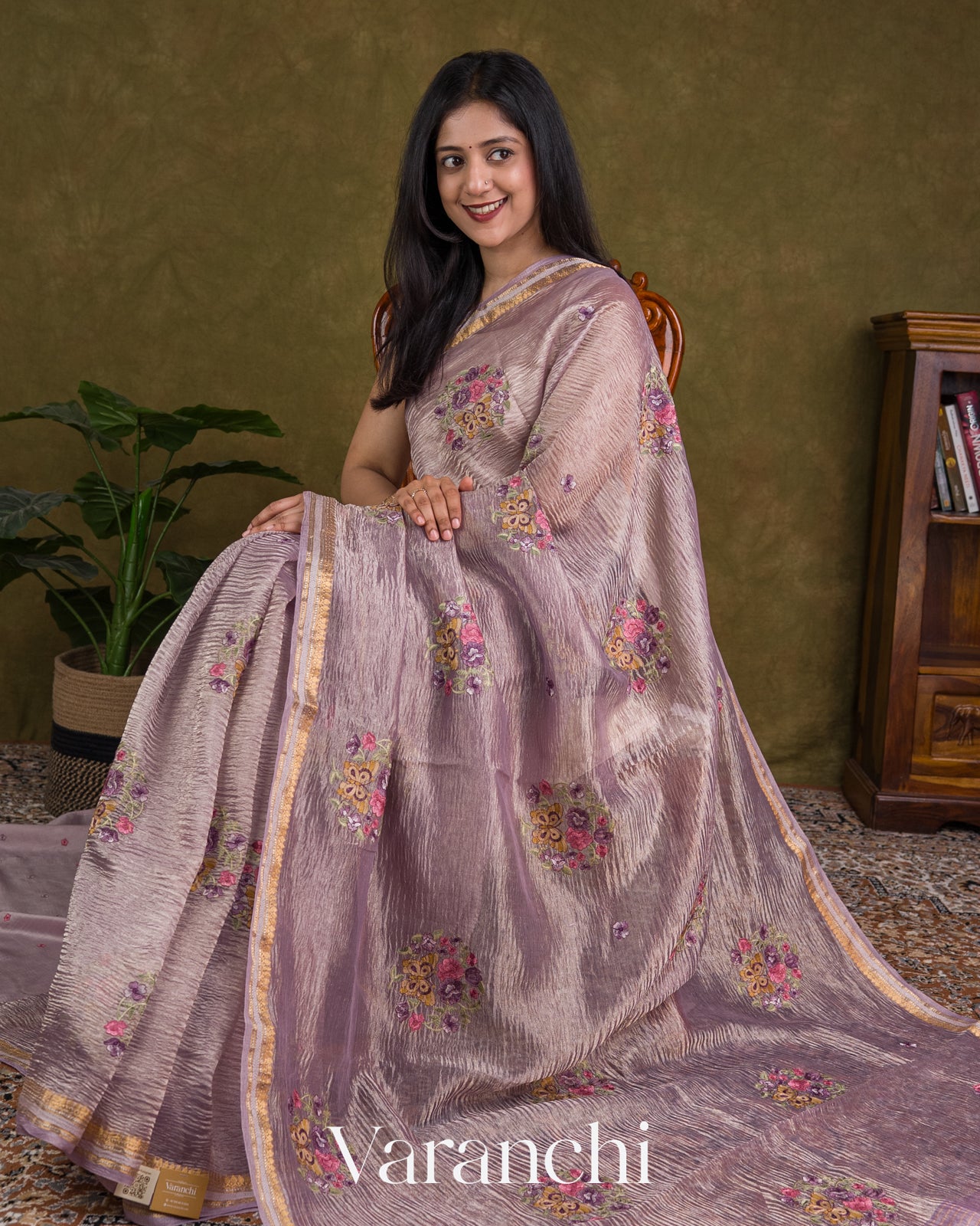 Lavender Floral Embroidered Pure Crush Tissue Kora Silk Saree