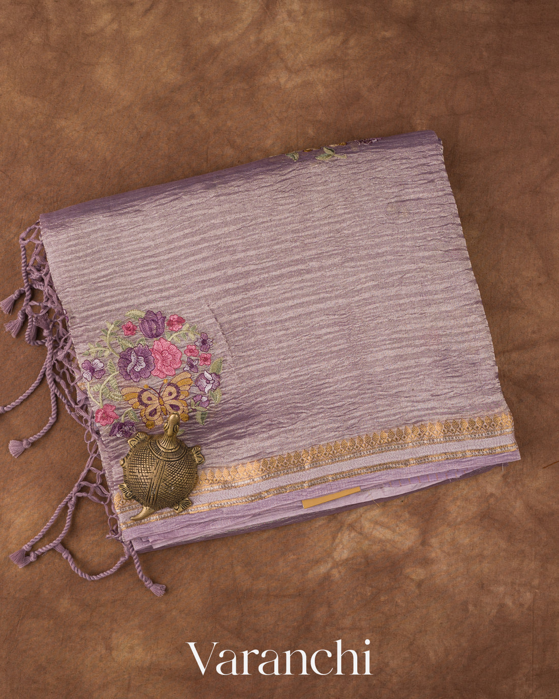Lavender Floral Embroidered Pure Crush Tissue Kora Silk Saree