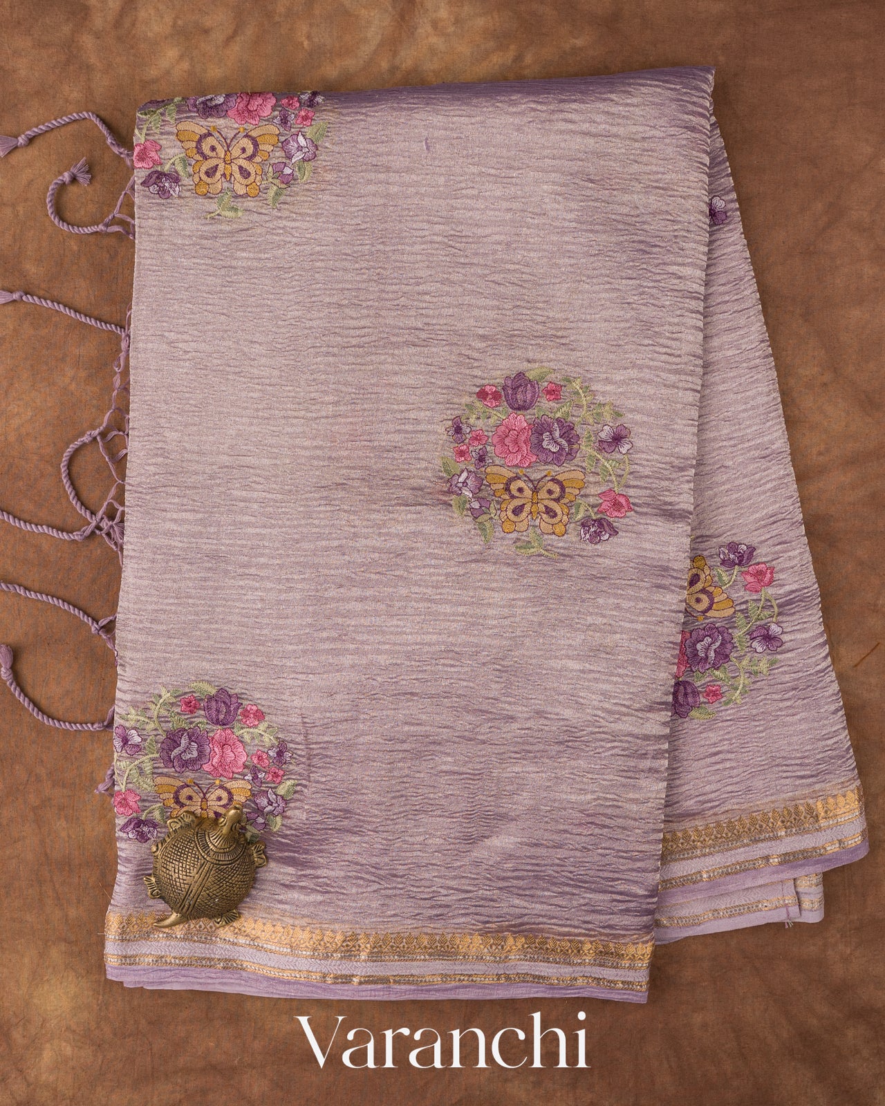 Lavender Floral Embroidered Pure Crush Tissue Kora Silk Saree