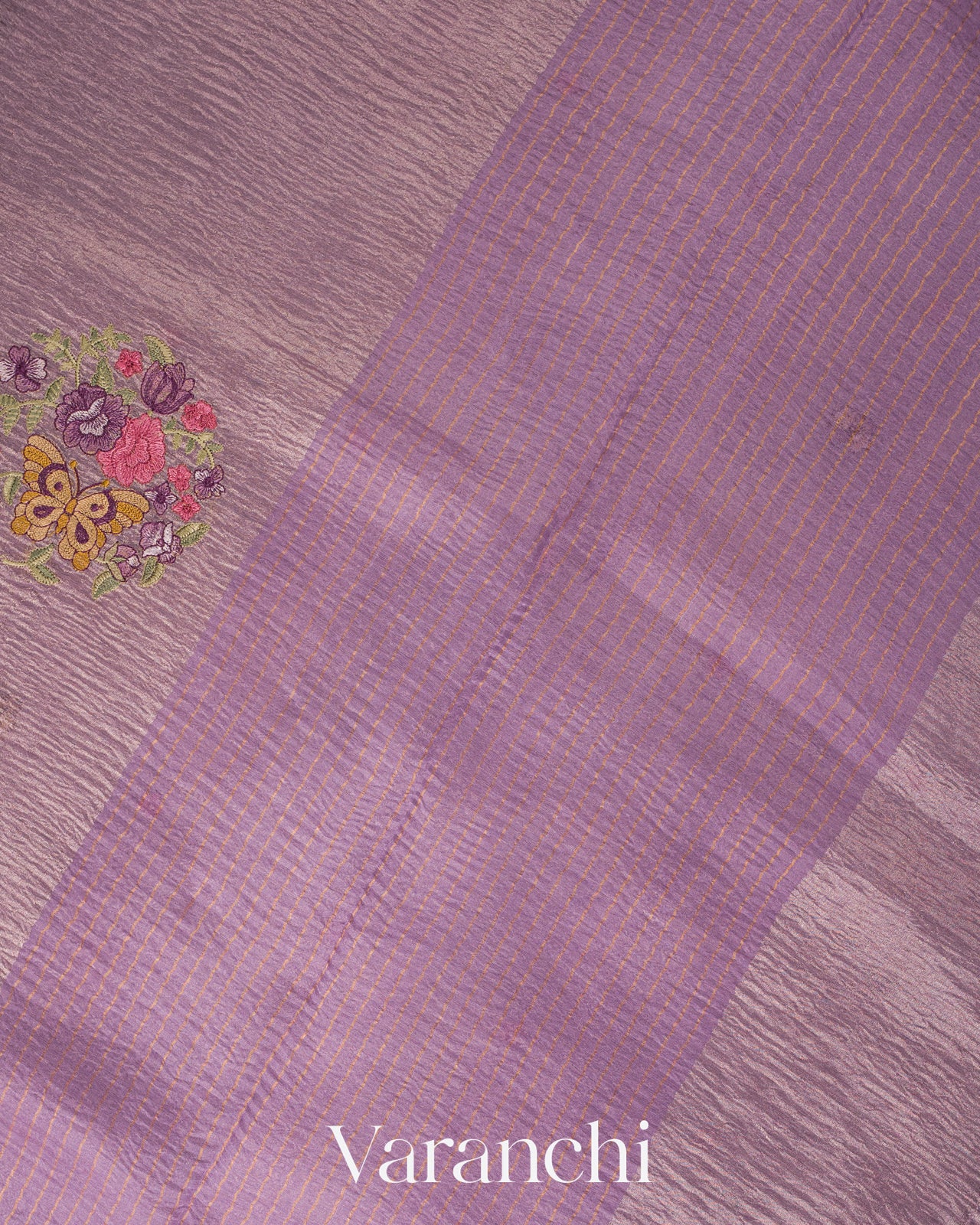 Lavender Floral Embroidered Pure Crush Tissue Kora Silk Saree