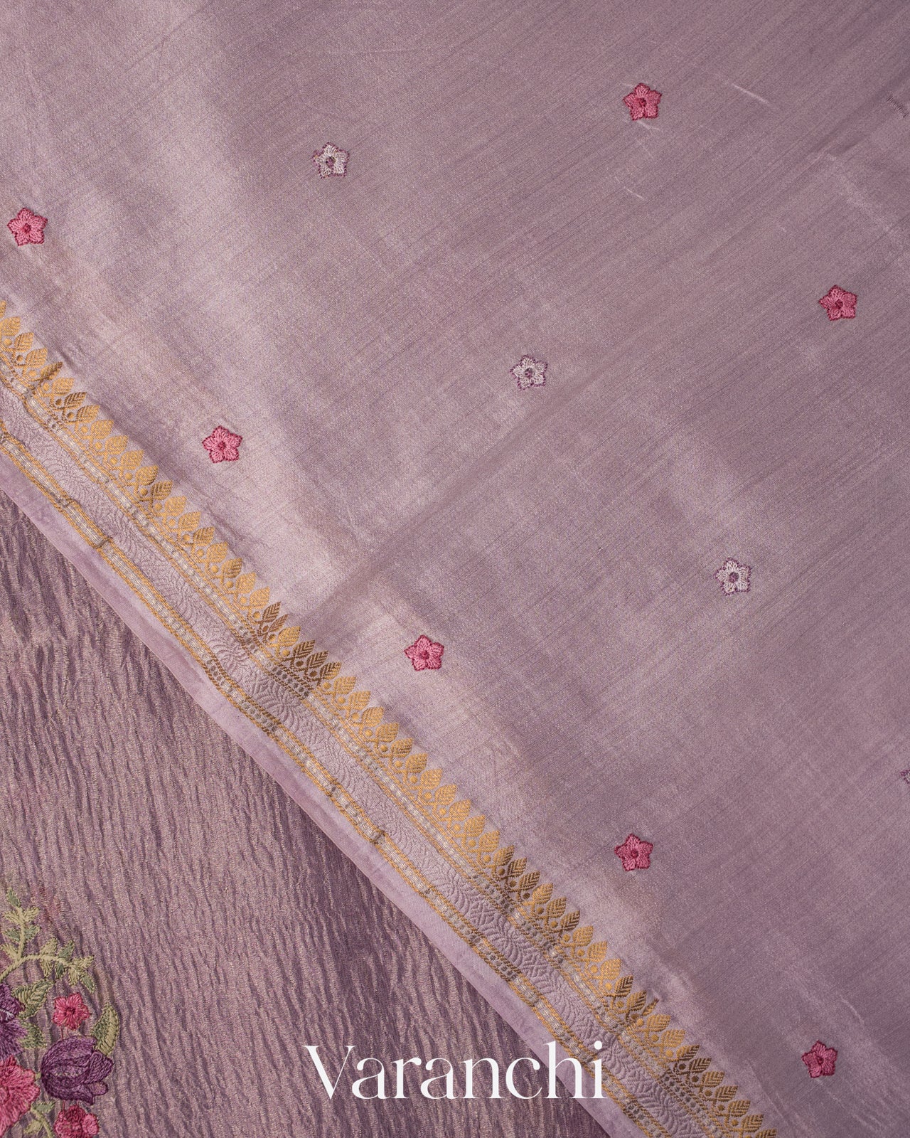 Lavender Floral Embroidered Pure Crush Tissue Kora Silk Saree