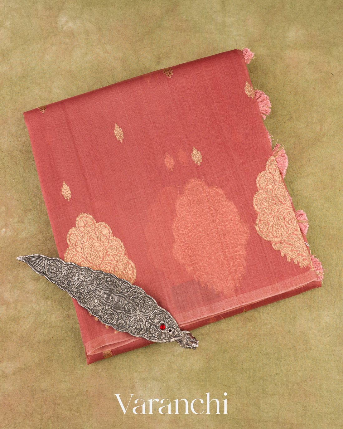 Dusty Coral Pink Borderless Pure Kora Silk Handloom Saree