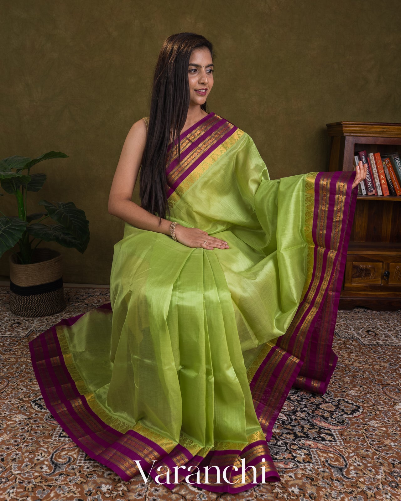 Parrot Green Korvai Pure Kanchipuram Silk Cotton Handloom Saree