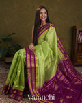 Parrot Green Korvai Pure Kanchipuram Silk Cotton Handloom Saree