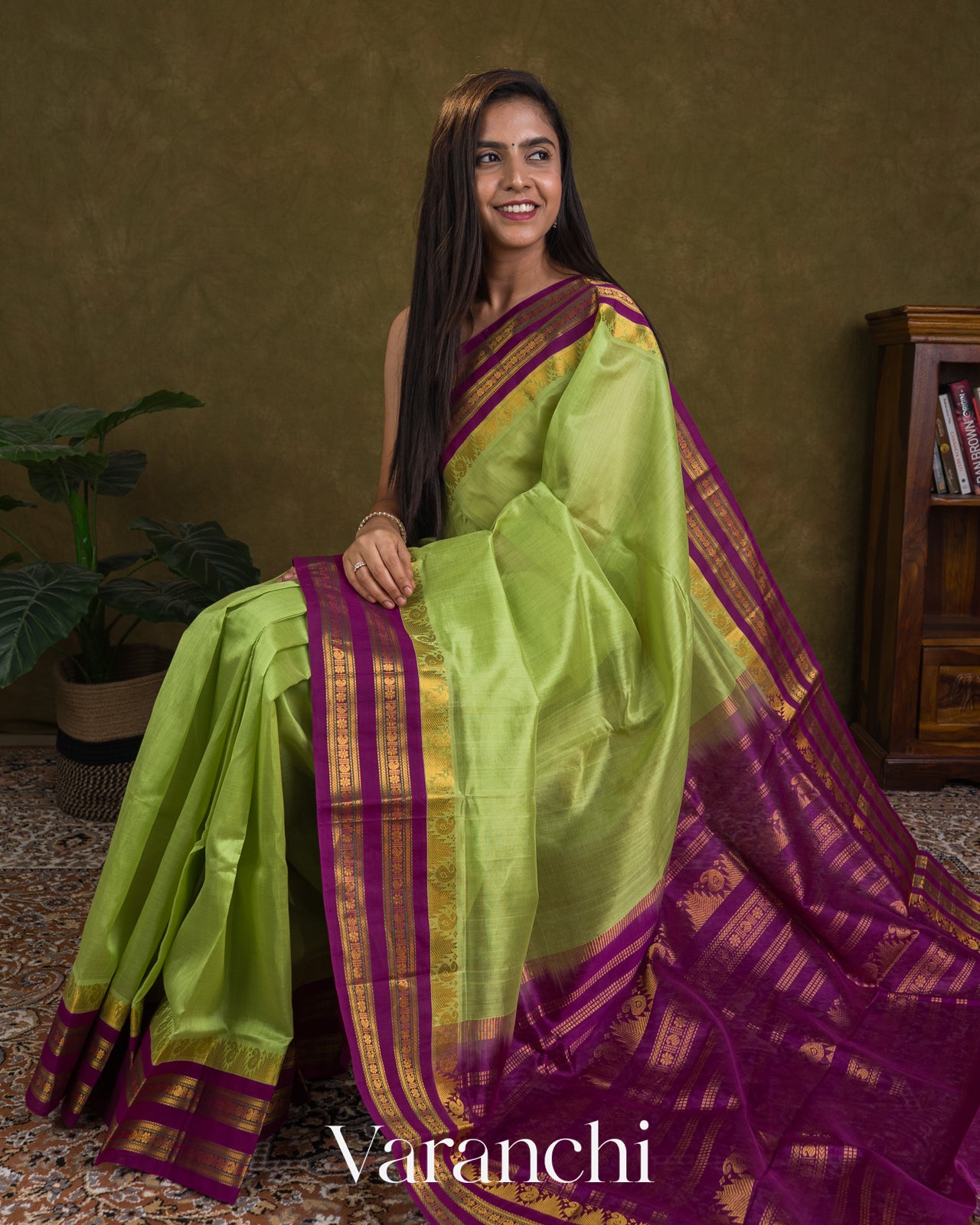 Parrot Green Korvai Pure Kanchipuram Silk Cotton Handloom Saree