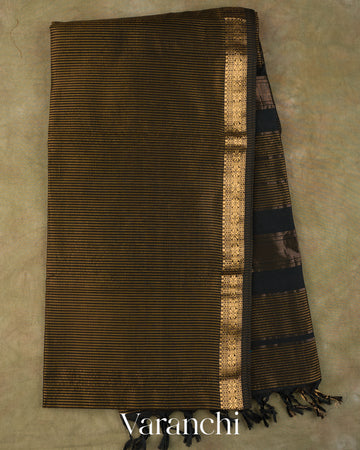 Golden Brown Striped Pure Maheshwari Silk Cotton Handloom Saree