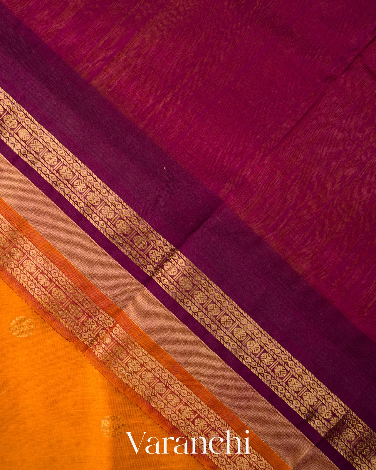 Mango Yellow and Deep Purple Pure Kanchipuram Silk Cotton Handloom Saree