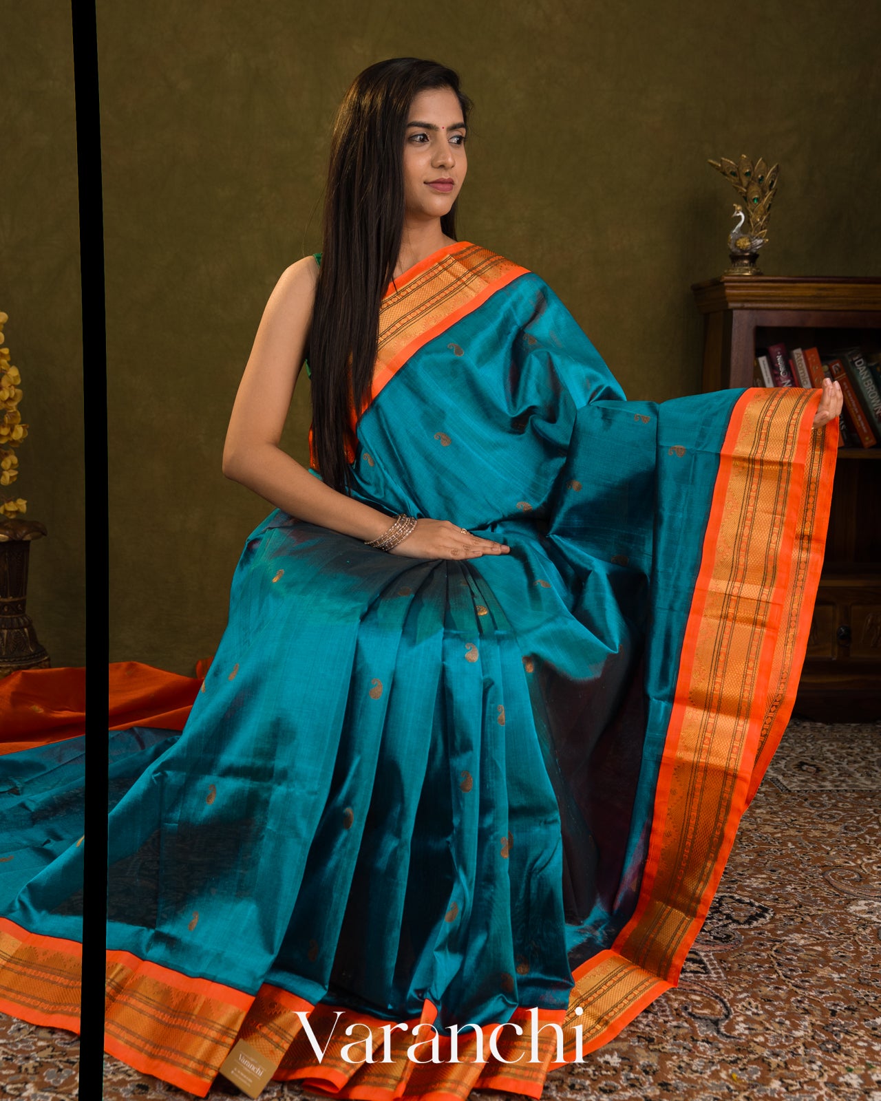 Peacock Blue Pure Kanchipuram Silk Cotton Handloom Saree