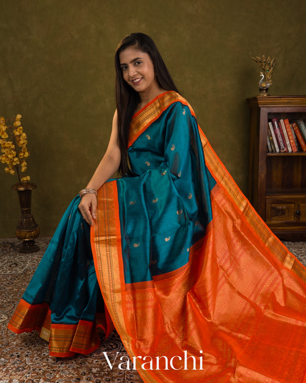 Peacock Blue Pure Kanchipuram Silk Cotton Handloom Saree
