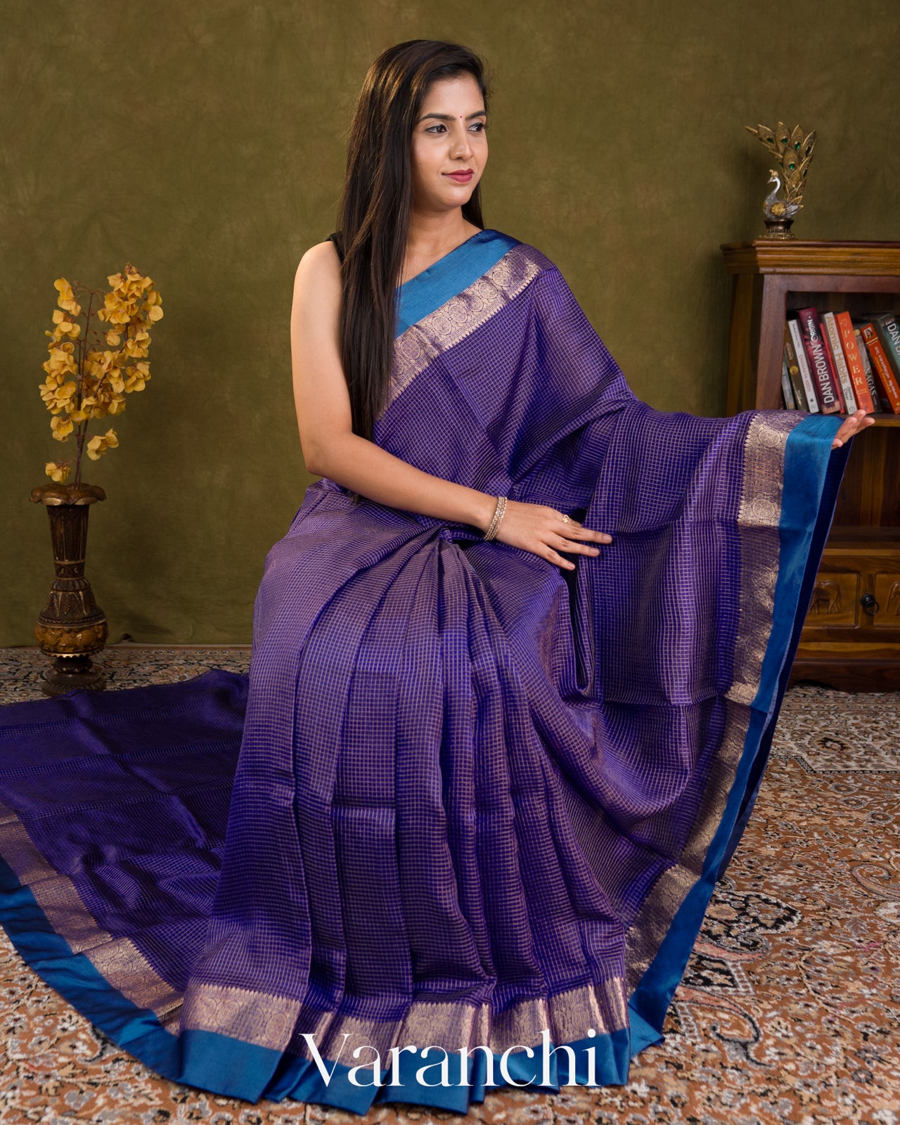 Royal Blue Checks Pure Katan Silk Saree