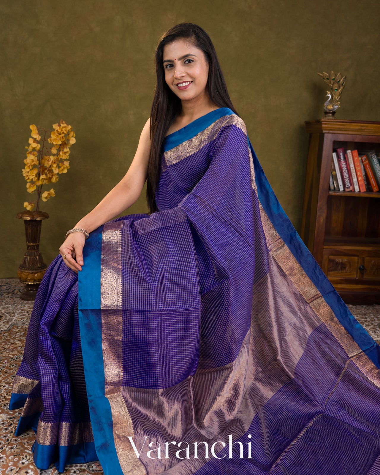 Royal Blue Checks Pure Katan Silk Saree