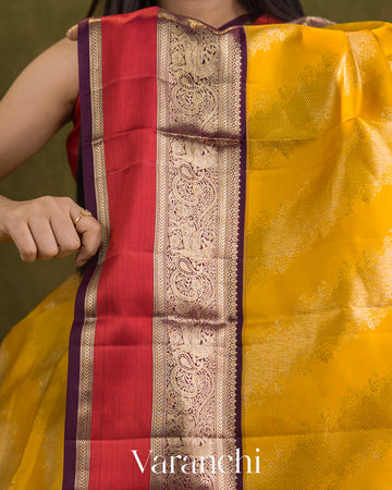 Mustard Yellow Lehariya Brocade Pure Kanchipuram Silk Saree
