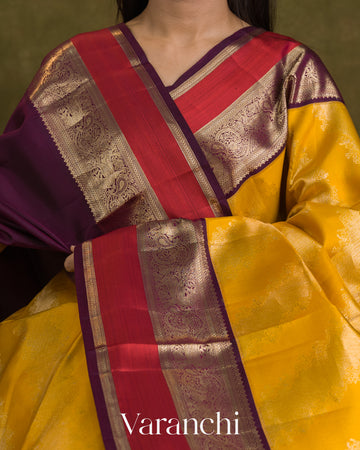 Mustard Yellow Lehariya Brocade Pure Kanchipuram Silk Saree