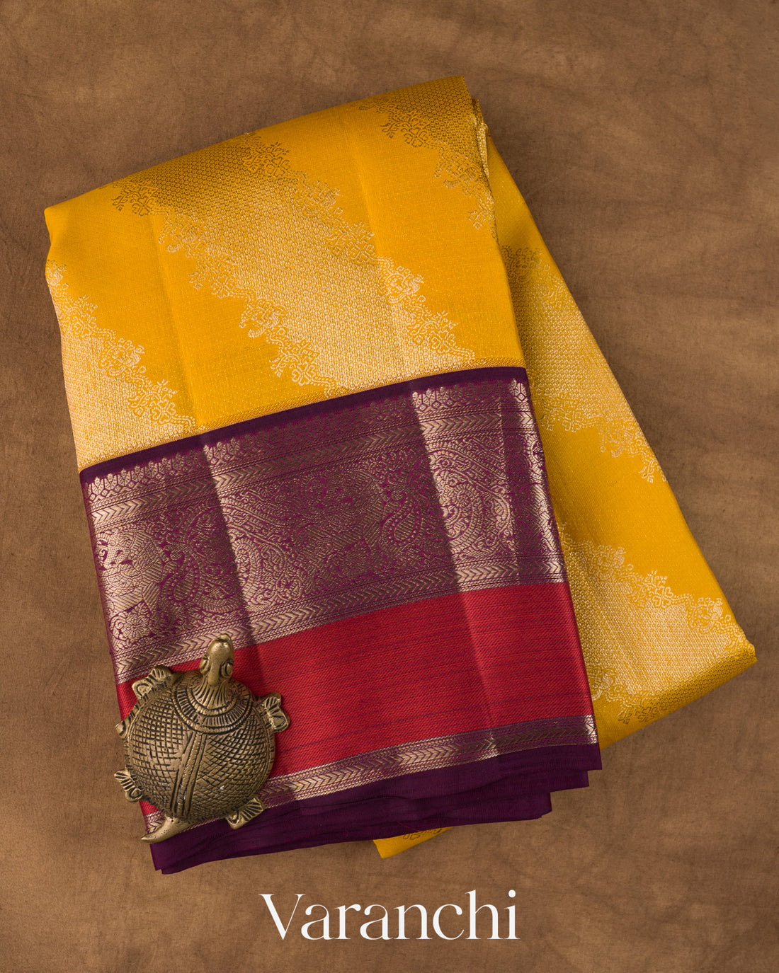 Mustard Yellow Lehariya Brocade Pure Kanchipuram Silk Saree