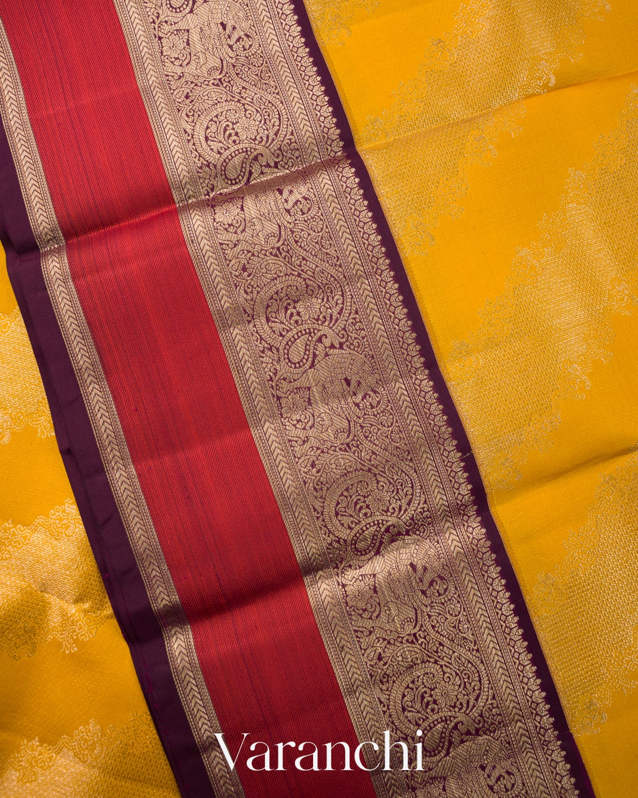 Mustard Yellow Lehariya Brocade Pure Kanchipuram Silk Saree