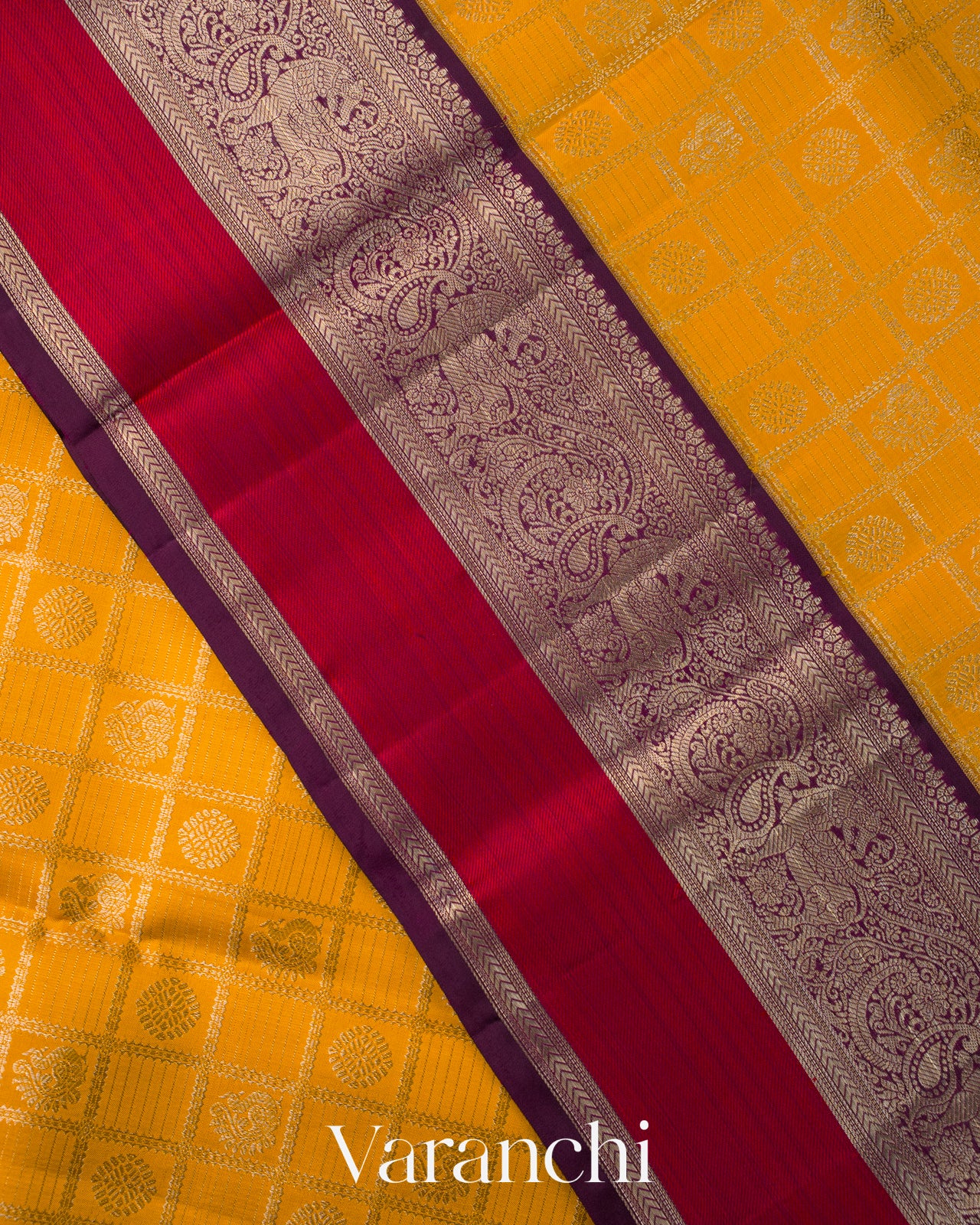 Mustard Yellow Checkered Pure Kanchipuram Silk Handloom Saree