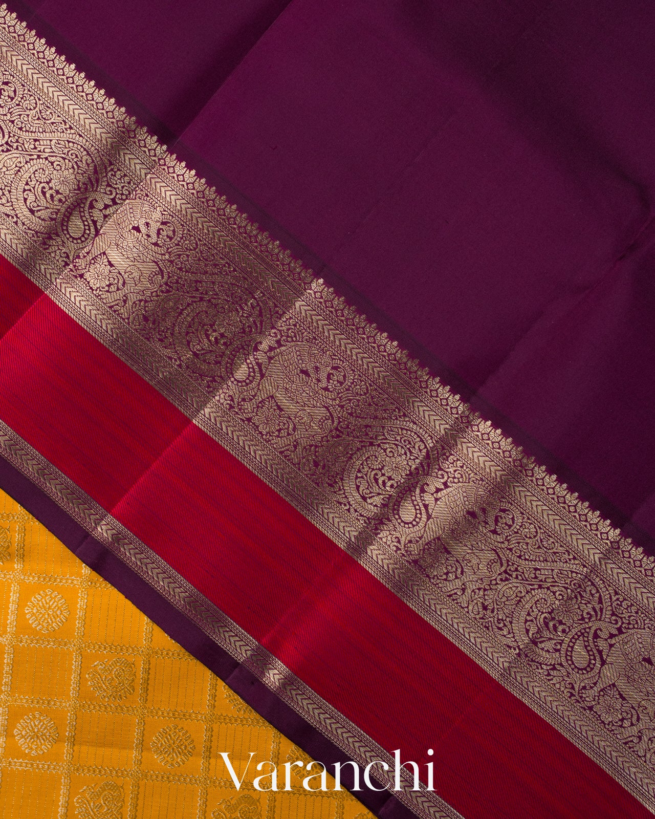 Mustard Yellow Checkered Pure Kanchipuram Silk Handloom Saree
