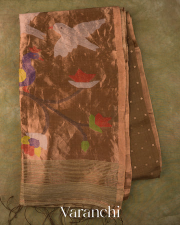 Walnut Brown Jamdani Bird Pure Muslin Silk Handloom Saree