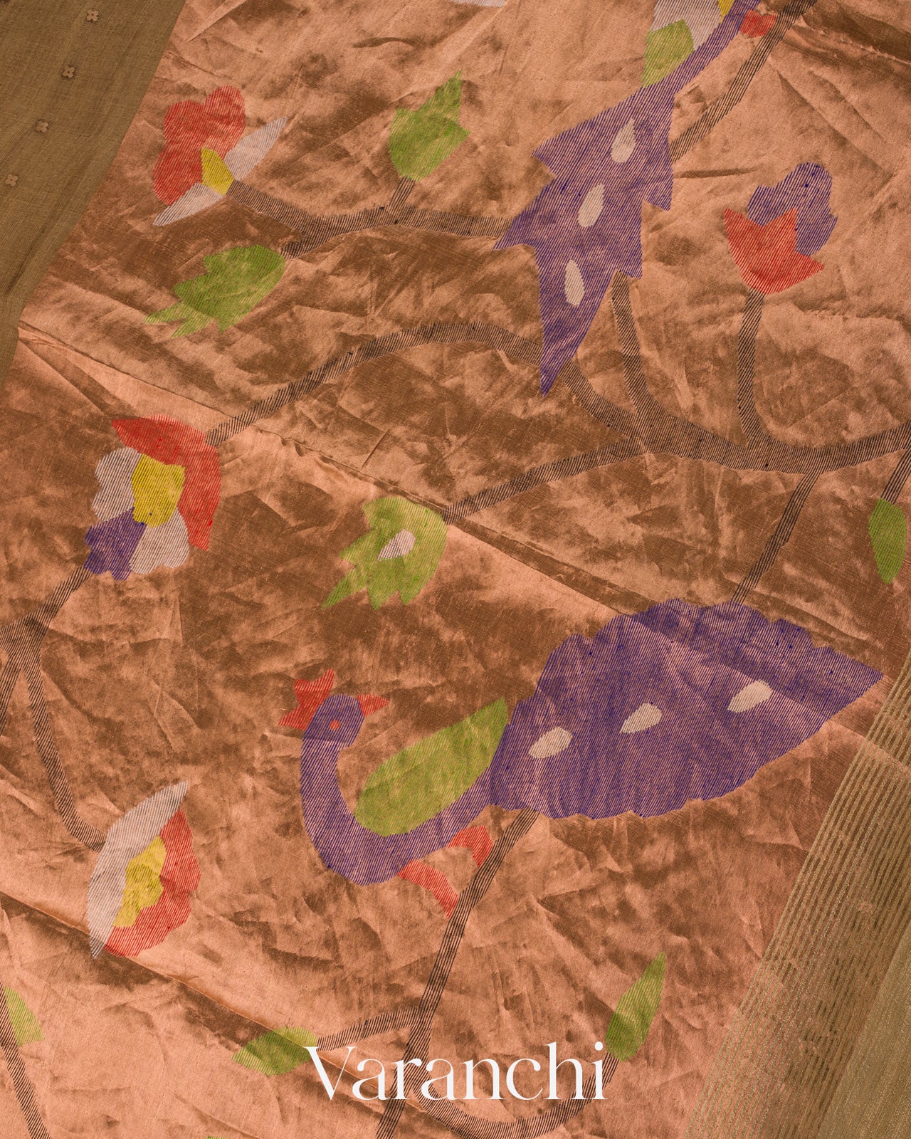 Walnut Brown Jamdani Bird Pure Muslin Silk Handloom Saree