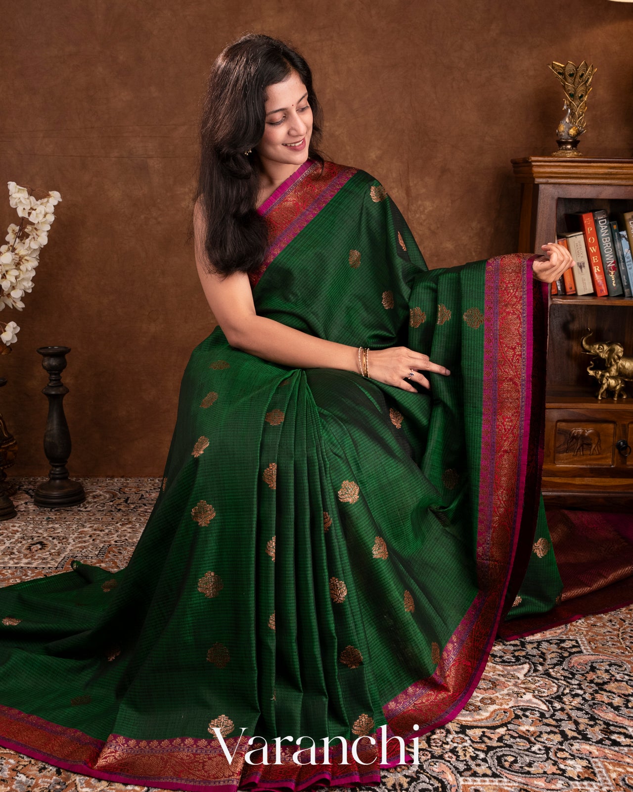 Bottle Green Pure Dupion Silk Handloom Saree