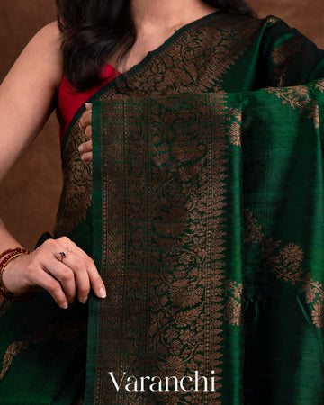 Bottle Green Pure Raw Silk Handloom Saree