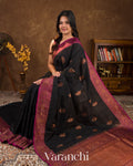 Jet Black Pure Dupion Silk Handloom Saree