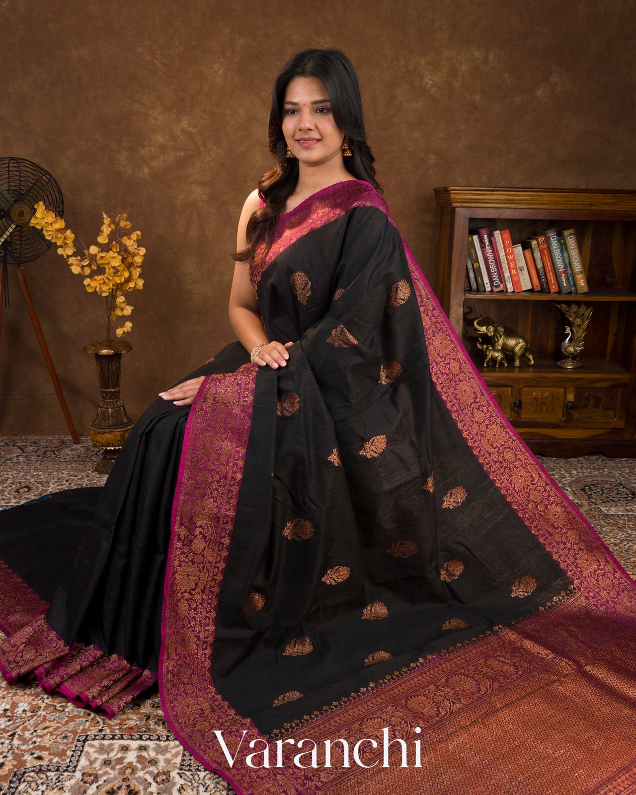 Jet Black Pure Dupion Silk Handloom Saree