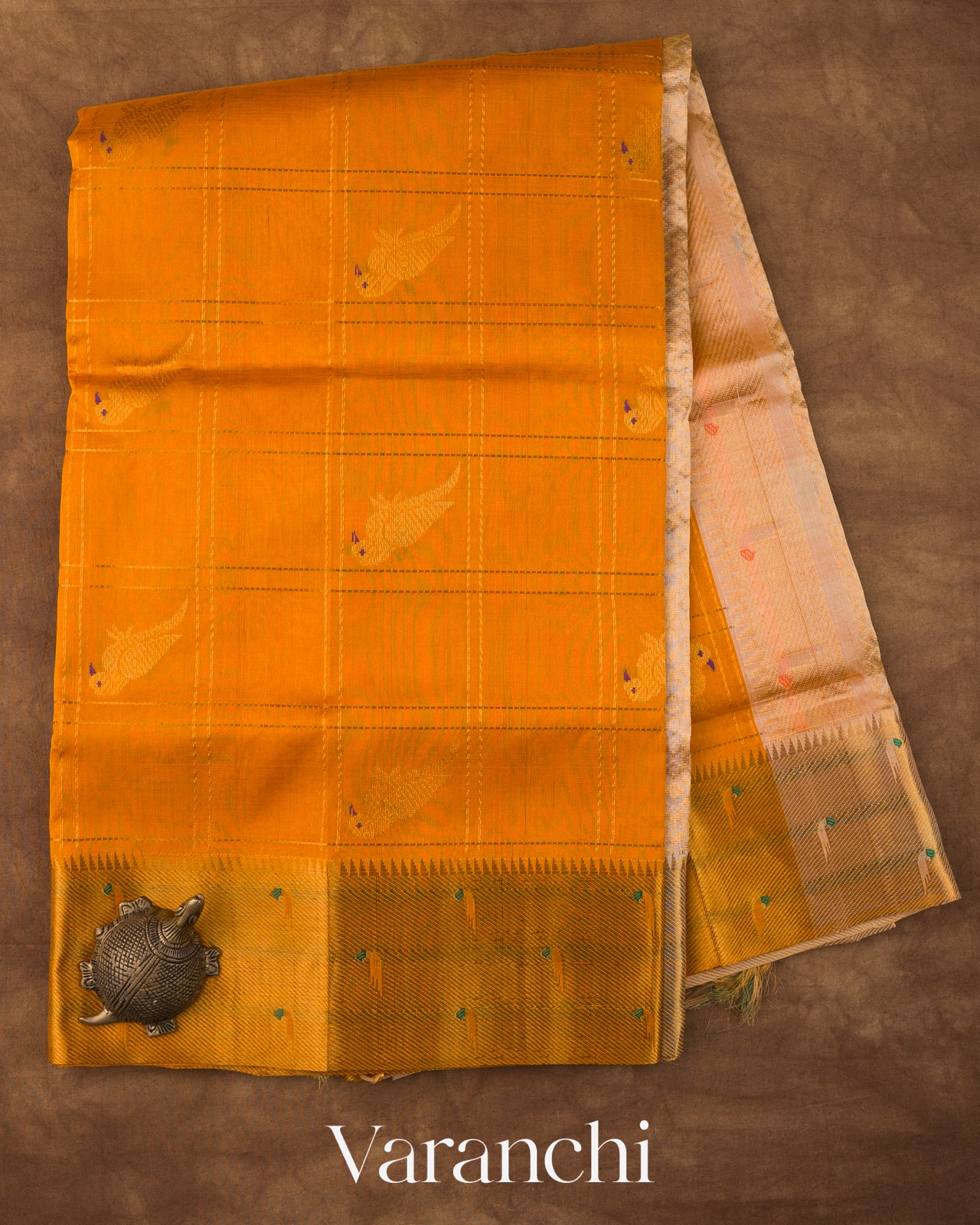 Turmeric Orange Checks Pure Kanchipuram Silk Cotton Handloom Saree