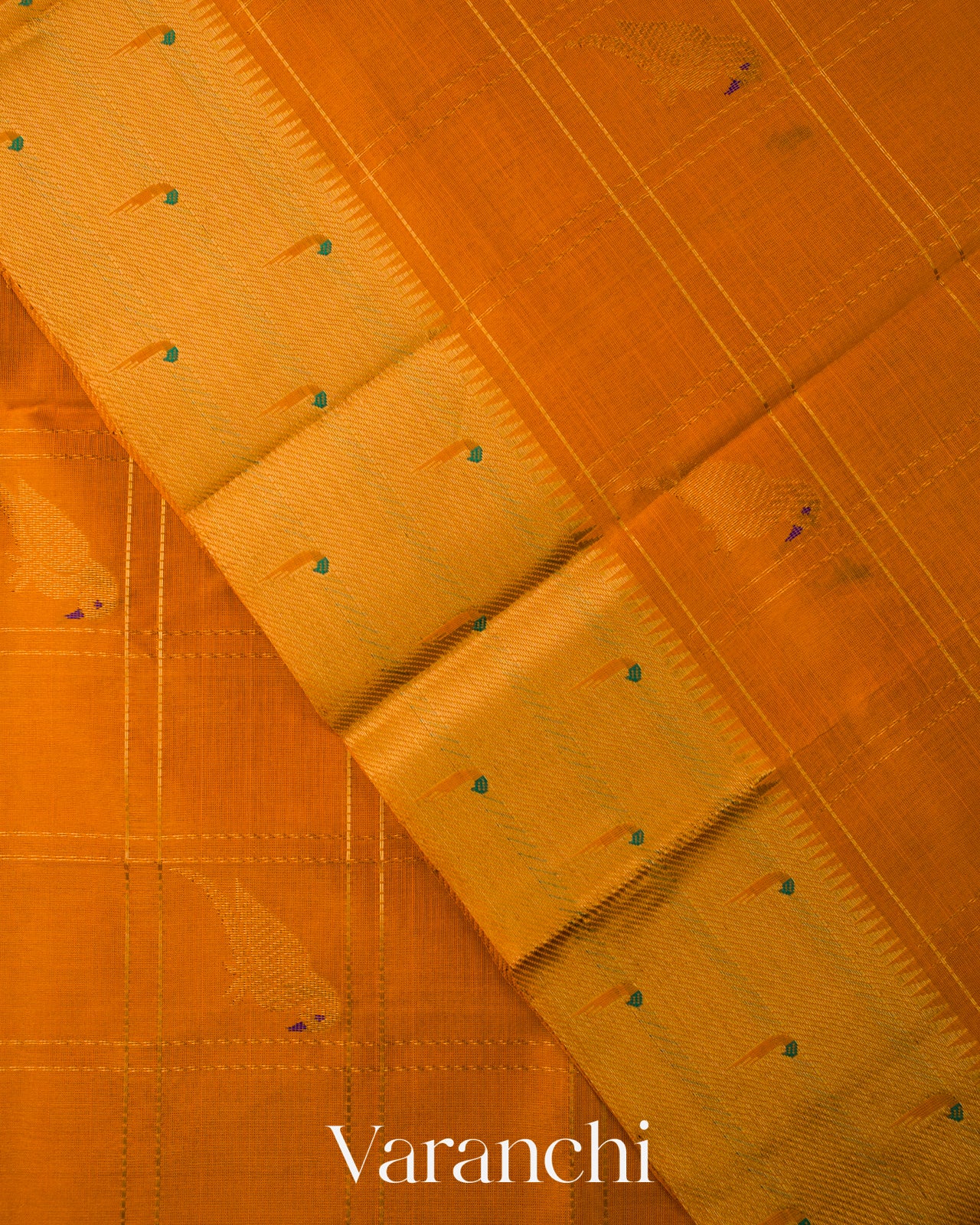 Turmeric Orange Checks Pure Kanchipuram Silk Cotton Handloom Saree