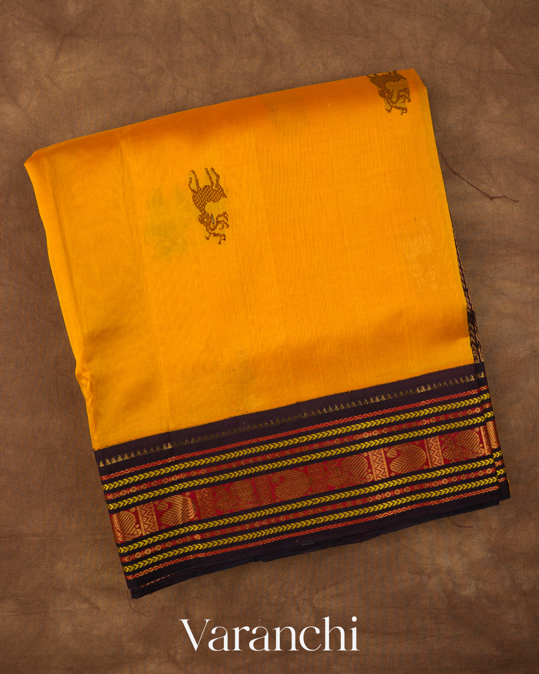 Mango Yellow and Deep Black Pure Kanchipuram Silk Cotton Handloom Saree