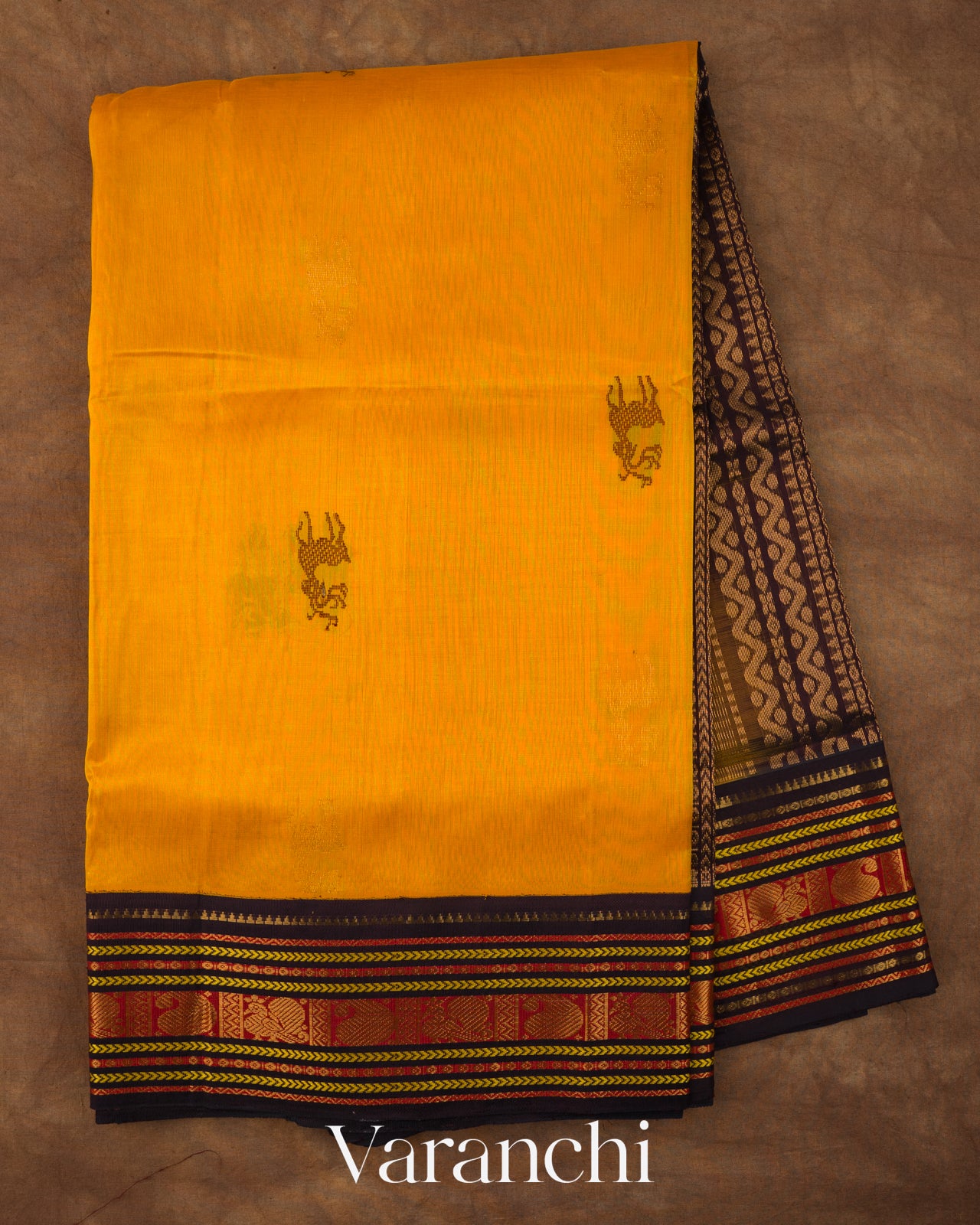 Mango Yellow and Deep Black Pure Kanchipuram Silk Cotton Handloom Saree