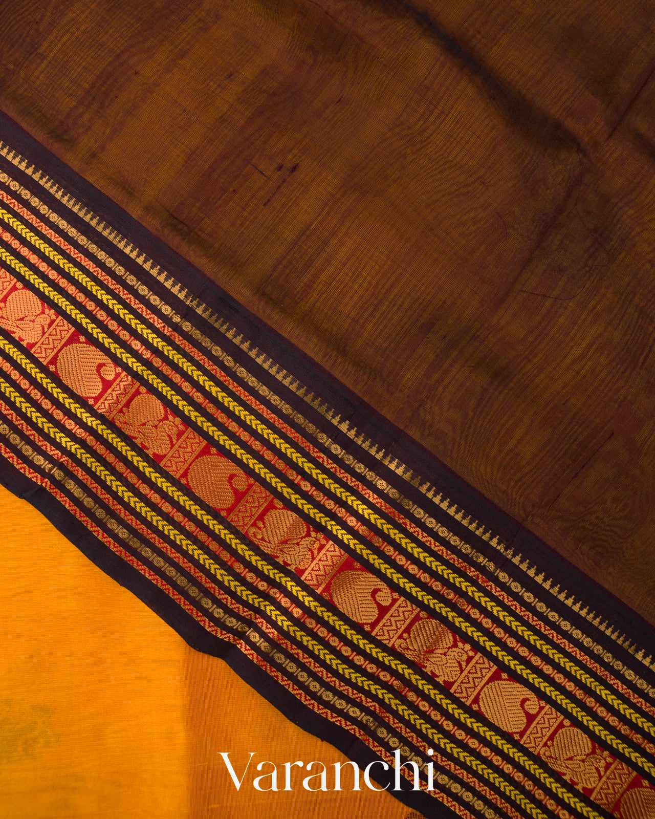 Mango Yellow and Deep Black Pure Kanchipuram Silk Cotton Handloom Saree