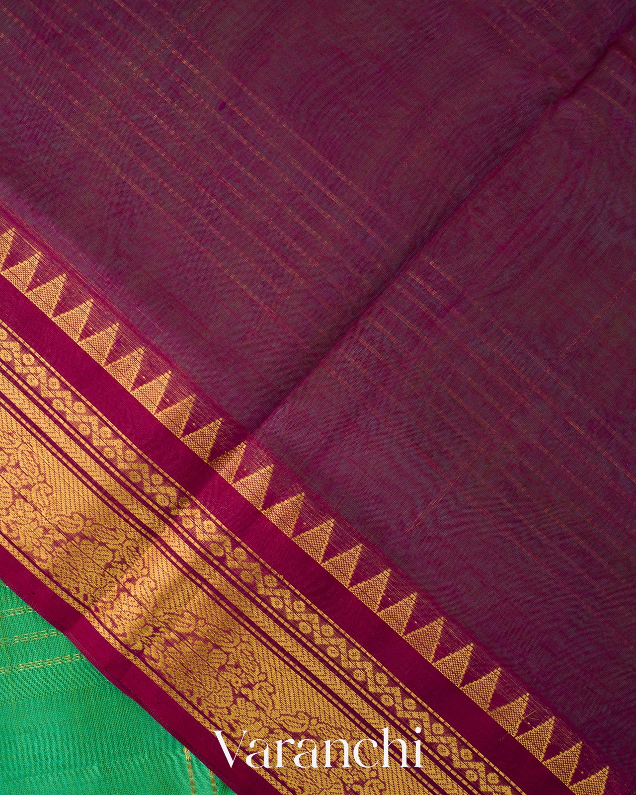 Jade Green and Deep Purple Pure Korvai Kanchipuram Silk Cotton Handloom Saree