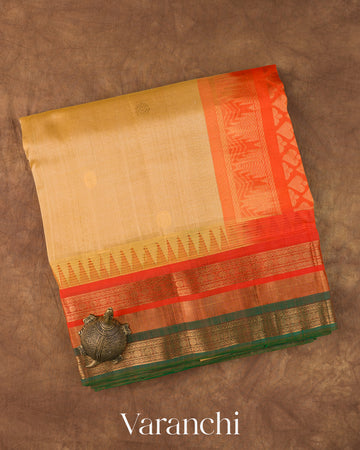 Beige Pure Kanchipuram Silk Cotton Handloom Saree